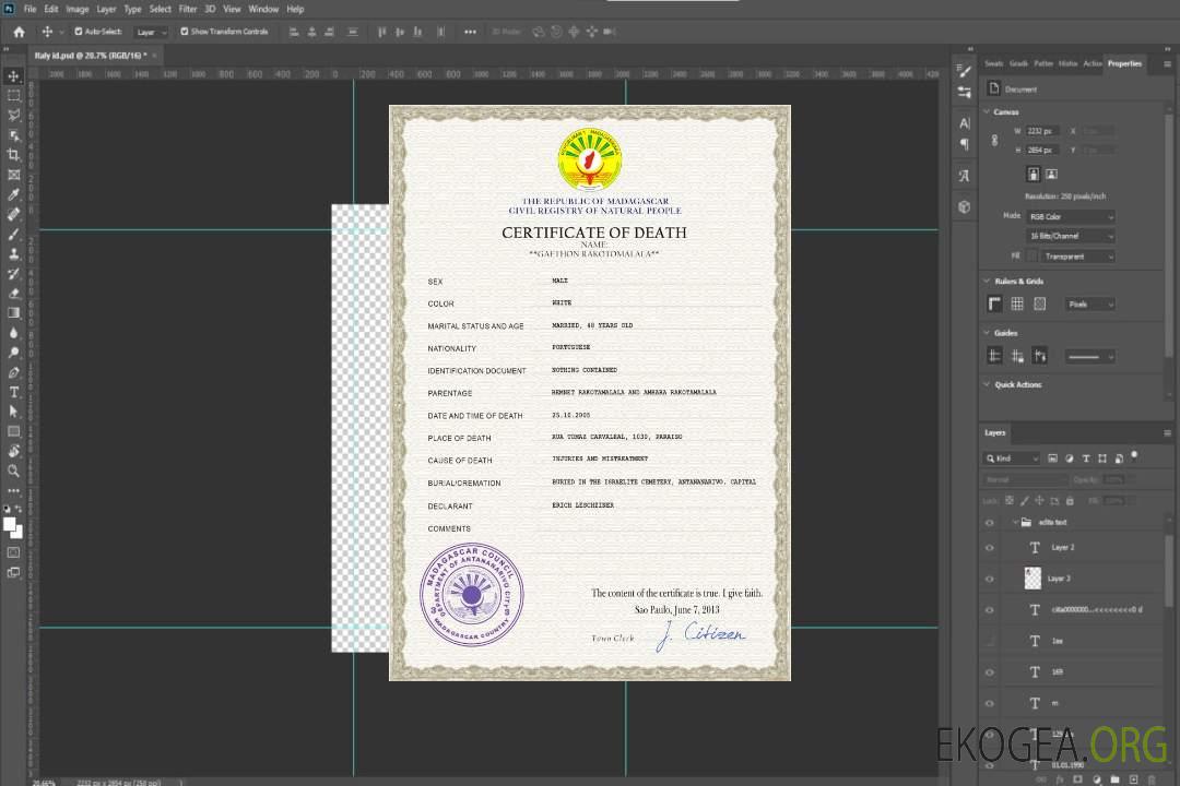 Modèle PSD de certificat de décès de l'état civil de Madagascar template